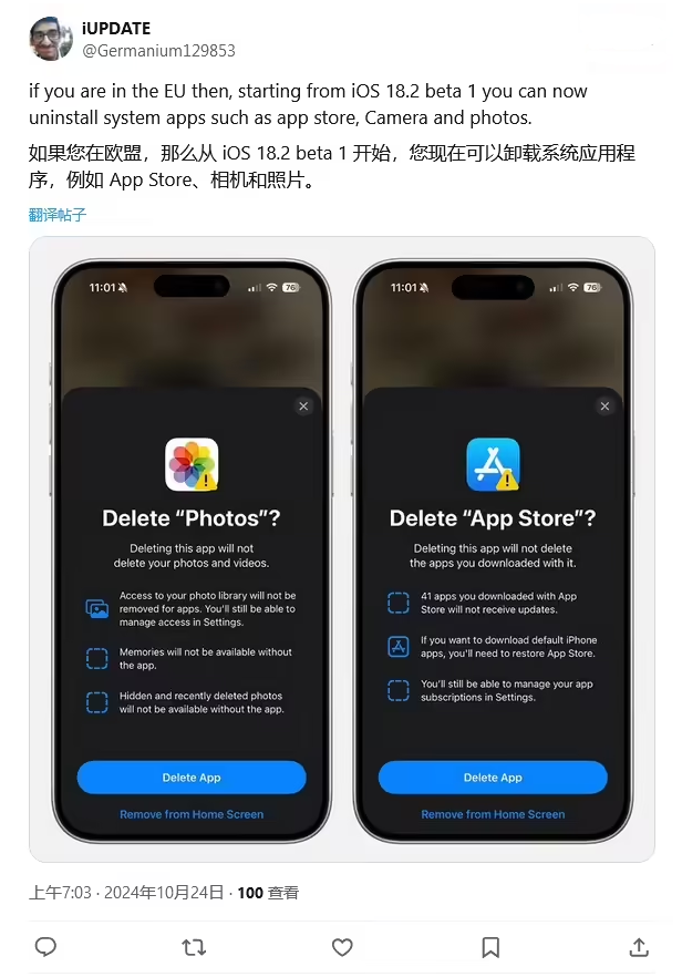 金东苹果手机维修分享iOS 18.2 支持删除 App Store 应用商店 